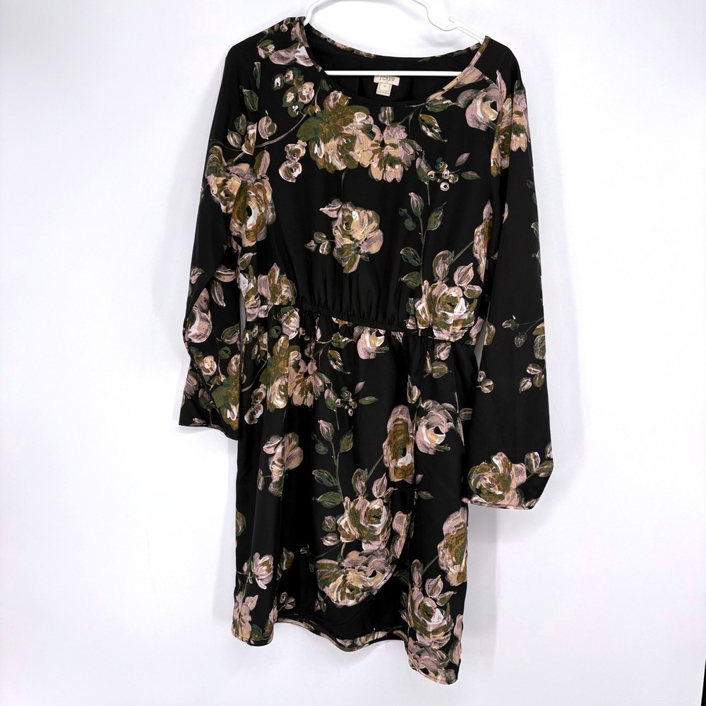 J.Crew Dress Womens 12 Black Floral Long‎ Sleeve Elastic Waist Mini Feminine